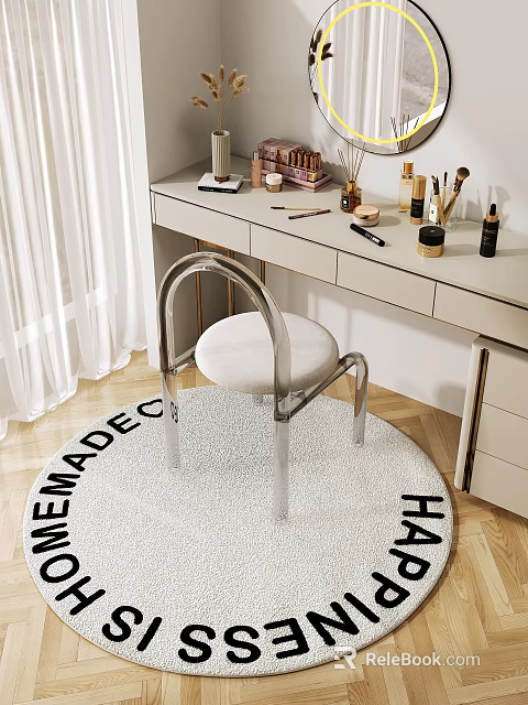 Stylish Dressing Table Setup With Cosmetics Skincare Products And Chair On Handmade Rug 3d model 