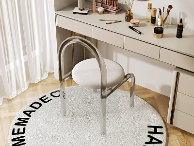 Stylish Dressing Table Setup With Cosmetics Skincare Products And Chair On Handmade Rug 3d model