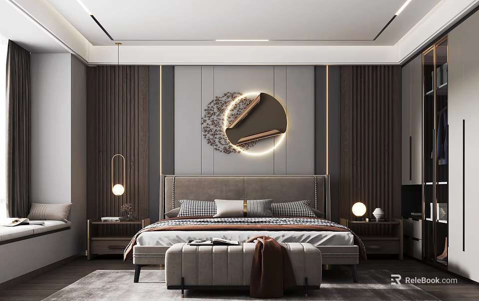 Elegant Modern Bedroom Interior With Upholstered Headboard Decorative Wall Lighting Nightstands And Bench 3d model 