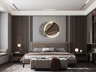 Elegant Modern Bedroom Interior With Upholstered Headboard Decorative Wall Lighting Nightstands And Bench 3d model