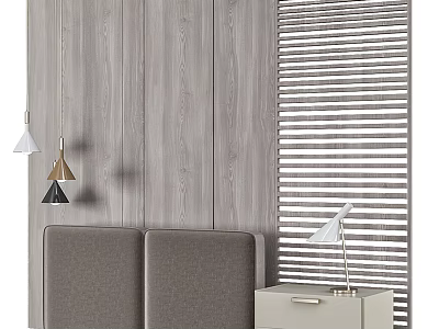 Bed Headboard Wall In Light Wood With Pendant Lights And Blinds 3d model