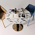 Modern Round Marble Top Table and Chair Set with Brown Blue Velvet Chairs
