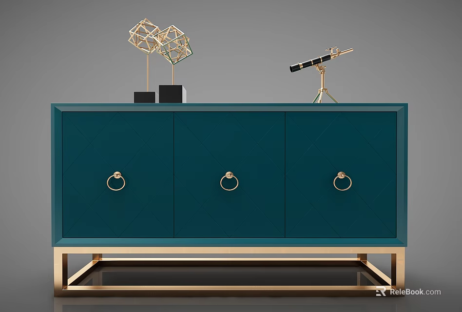 Teal Console Cabinet with Golden Ring Handles and Legs Geometric Decor and Telescope on Top 3d model 
