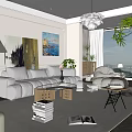 Modern Living Room Interior With Beige Sofa Armchair Decorative Paintings And Green Plants