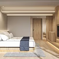 Modern Hotel Room Interior Featuring Wooden Accents Large Bed And Floor To Ceiling Windows With Terrace View