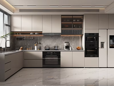 Modern Kitchen Interior Design With White Cabinets Marble Countertops And Appliances 3d model
