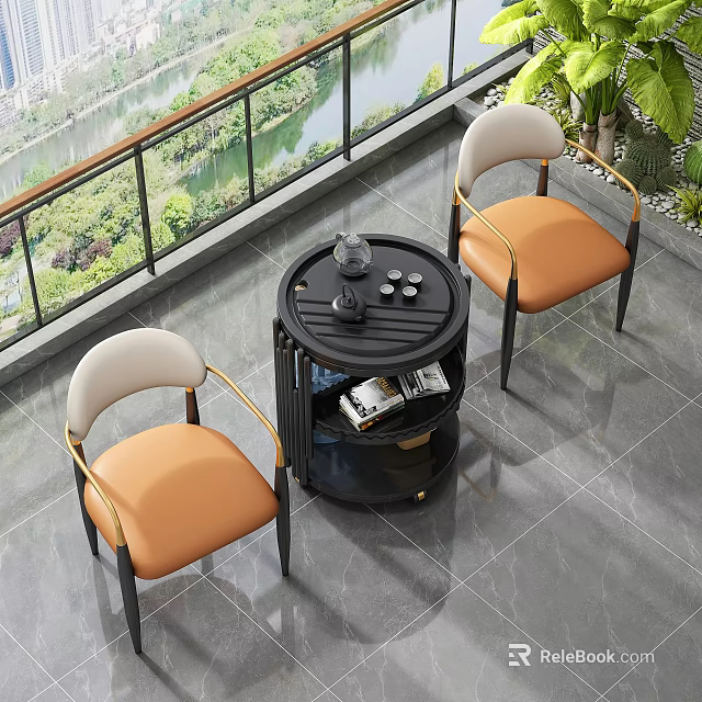 Modern Round Coffee Table With Storage Shelf And Orange Armchairs 3d model