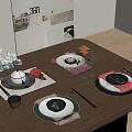 Stylish Tableware Set with Plates Bowls Wine Glasses Chopsticks on Wooden Dining Table