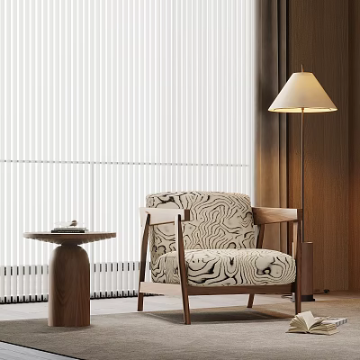 Zebra Pattern Accent Chair with Wooden Armrests Small Side Table Floor Lamp and Blinds 3d model