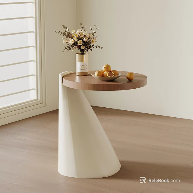 Modern Side Table With Round Wooden Top White Base Fresh Flowers And Fruits 3d model 