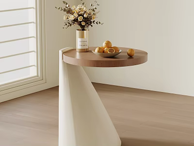 Modern Side Table With Round Wooden Top White Base Fresh Flowers And Fruits 3d model