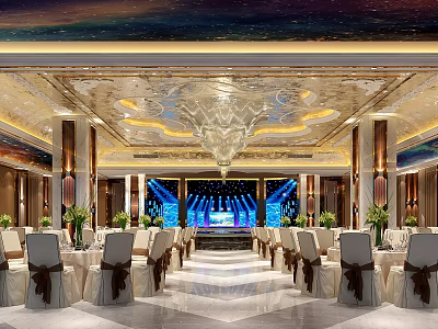Elegant Banquet Hall With Crystal Chandelier Stage Setup Round Tables White Tablecloths And Floral Centerpieces 3d model