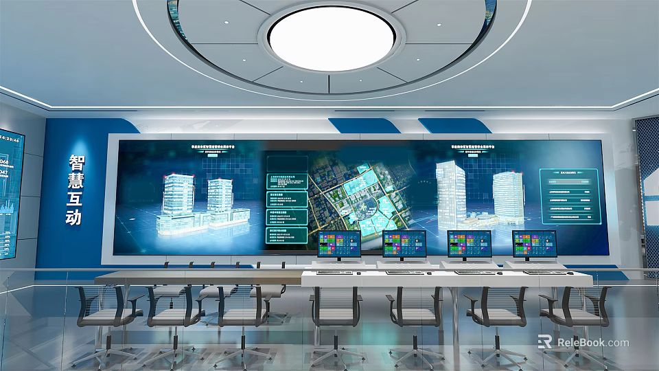 Modern Control Room With Large Screen Building Models And Multiple Workstation Displays 3d model