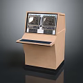 Vintage Control Console With Dual Display Screens Flat Countertop And Wooden Structure
