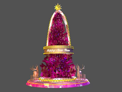 Decorated Pink Christmas Tree With Star On Top Golden Band And Reindeer At Base 3d model
