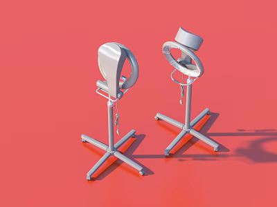 Two Silver Medical Examination Chairs With Adjustable Headrests On Red Background 3d model