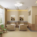 Modern Hospital Outpatient Clinic With Examination Beds Green Chairs Wall Paintings And Windows