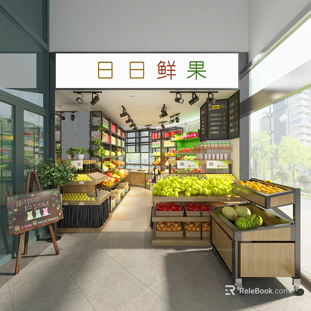 Bright Fresh Fruit Store with Various Fresh Fruits Neatly Displayed on Shelves and Green Plants 3d model 