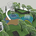 Outdoor Kids Play Area With White Slide Green Trees And Lawn