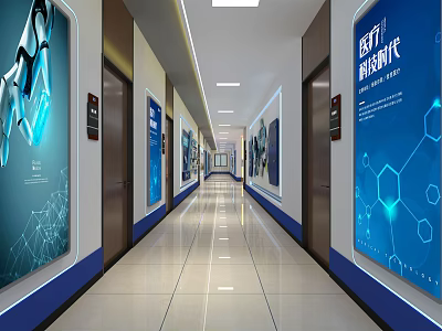 Modern Office Corridor With Well Lit Space And Medical Technology Posters Along Elevator Doors 3d model
