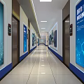 Modern Office Corridor With Well Lit Space And Medical Technology Posters Along Elevator Doors