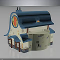 Cartoon Style Building With Blue Roof Chimney Circular Red Yellow Decoration White Gray Body