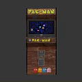 Retro Pac Man Arcade Machine Featuring Wooden Cabinet And Game Screen With Maze Characters