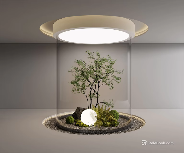 Indoor Landscape With Transparent Glass Enclosure Small Tree Green Plants Stones And Circular Ceiling Light 3d model 