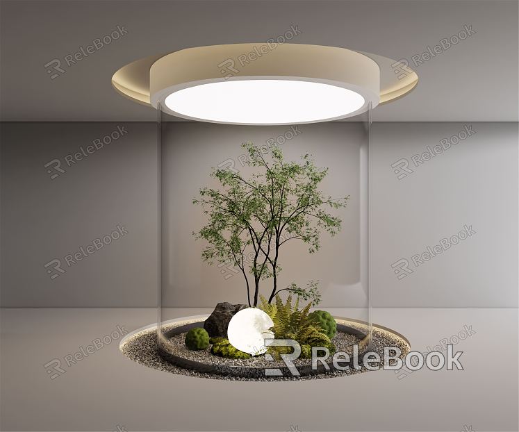 Modern Plant Courtyard Sparkies Plant Pile Stone Pebbles Moss Indoor Landscape Green Planting model