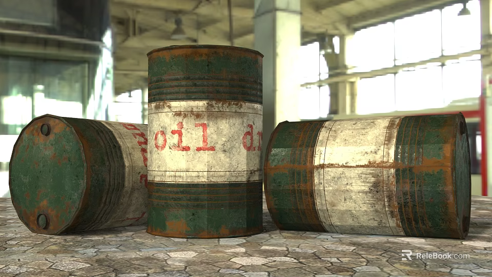 Rusty Green And White Oil Drums In Industrial Warehouse With Stone Floor And Windows 3d model 