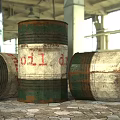 Rusty Green And White Oil Drums In Industrial Warehouse With Stone Floor And Windows