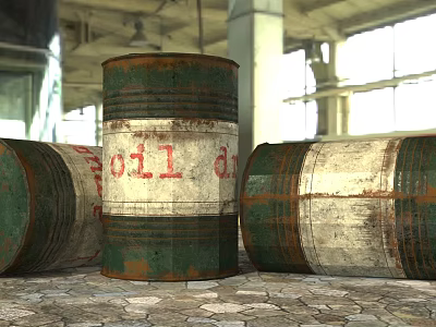 Rusty Green And White Oil Drums In Industrial Warehouse With Stone Floor And Windows 3d model