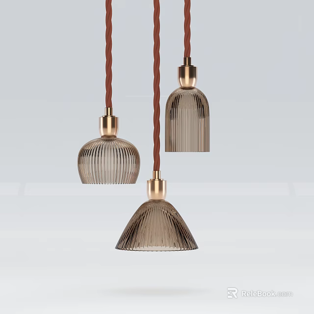 Modern Pendant Lights With Striped Glass Shades And Brass Details Hanging On Brown Cords 3d model 