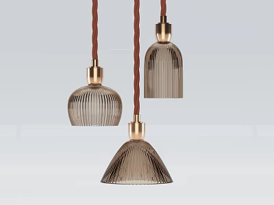 Modern Pendant Lights With Striped Glass Shades And Brass Details Hanging On Brown Cords 3d model