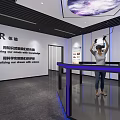 Exhibition Hall Interior With Interactive Screen Person Display Panels And Ceiling Lights 3d model