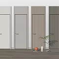Four Different Colored Flush Doors with Light Walls Light Wood Flooring Green Plant and Decor