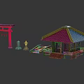Ancient Architectural Models Featuring Red Torii Gate Wooden Pavilion Tiled Roof And Stone Lanterns