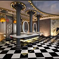 Artistic Interior Space With Black And White Checkerboard Floor Geometric Ceiling And Clock Decorations