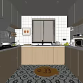 Modern Kitchen Interior With White Cabinets Wooden Countertops White Tiled Walls Blinds And Appliances