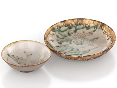 Ceramic Dinnerware Set With Two Patterned Bowls And Glazed Edge Design 3d model