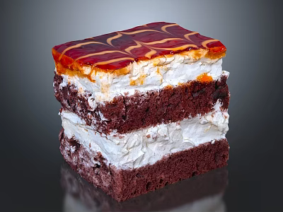 Delicious Layered Chocolate Cake With White Cream Filling And Red Caramel Topping 3d model