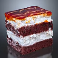 Delicious Layered Chocolate Cake With White Cream Filling And Red Caramel Topping