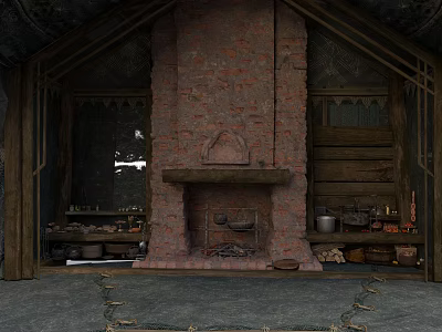 Traditional Building Interior Featuring Brick Fireplace And Wooden Shelves With Stone Elements 3d model
