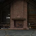 Traditional Building Interior Featuring Brick Fireplace And Wooden Shelves With Stone Elements