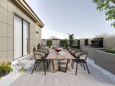Modern Outdoor Terrace Leisure Area With Dining Table Chairs Plants And Grill 3d model