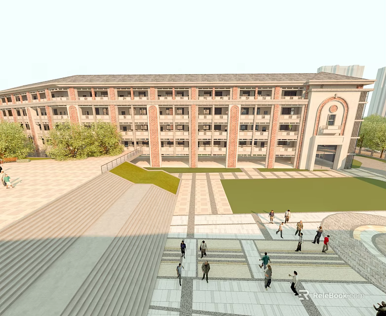 School Building With Red Brick Exterior Front Plaza Lawn And Students Walking 3d model 
