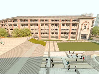 School Building With Red Brick Exterior Front Plaza Lawn And Students Walking 3d model