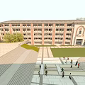 School Building With Red Brick Exterior Front Plaza Lawn And Students Walking