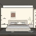 Modern Bedroom Interior with Comfortable Bed Headboard Pillows Decorative Painting Herringbone Rug and Accent Chair
