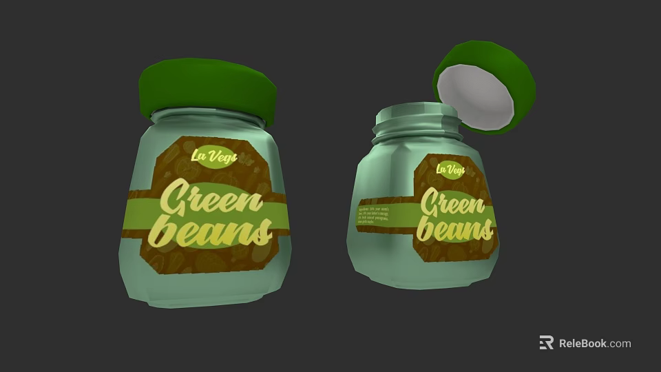 La Vies Green Beans In Glass Jars With Green Lids And Open Lid Design 3d model 